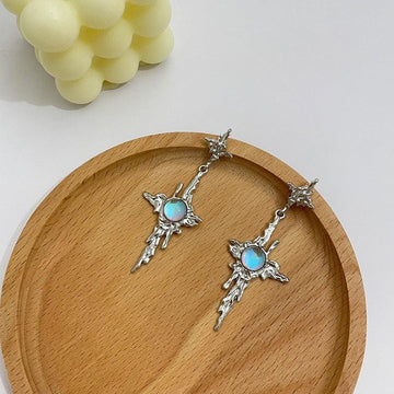 Irregular Liquid Metal Cross Moonstone Dangle Earrings - Trend Metal Cross Moonstone Drops Christian Earrings - The Jewellery Supermarket